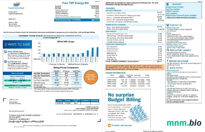 USA Arizona Tucson Electric Power (TEP) rachunek za media, szablon Word i PDF, 2 strony